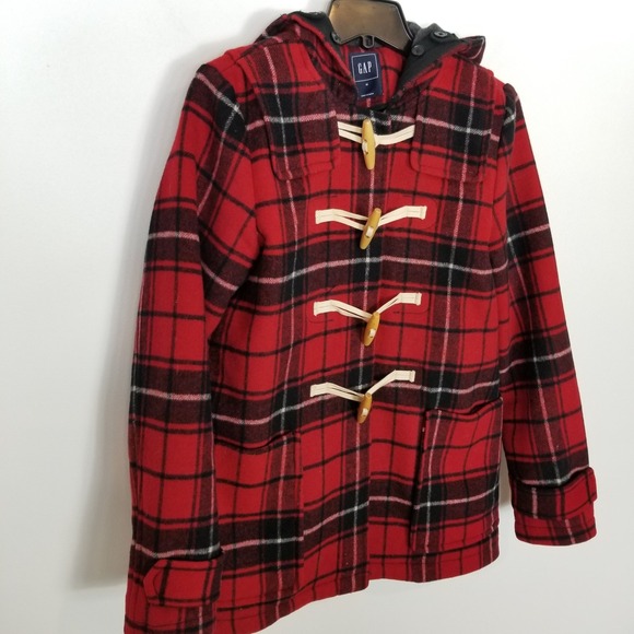 Gap Contrast Wool Blend Toggle Coat Sz M Red Black Plaid Classic Academia Hooded - Picture 4 of 11